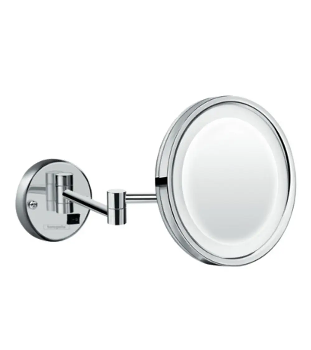 Hansgrohe Rasierspiegel an Wandmontage, mit drehbarem Arm und integrierter LED-Beleuchtung, zeigt eine klare Spiegelfläche in chromfarbener Ausführung.